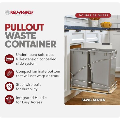 Rev-A-Shelf 27 Qt / 6.75 Gal Steel Bottom Mount Double Pullout Waste Container w/Soft-Close for Base Kitchen Cabinets, Min Opening Width of 11.5", Gray, 54WC-1527SC-17-1 in Saudi Arabia