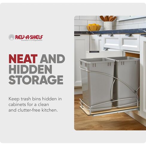 Rev-A-Shelf 27 Qt / 6.75 Gal Steel Bottom Mount Double Pullout Waste Container w/Soft-Close for Base Kitchen Cabinets, Min Opening Width of 11.5", Gray, 54WC-1527SC-17-1 in Saudi Arabia