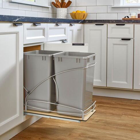 Rev-A-Shelf 27 Qt / 6.75 Gal Steel Bottom Mount Double Pullout Waste Container w/Soft-Close for Base Kitchen Cabinets, Min Opening Width of 11.5", Gray, 54WC-1527SC-17-1 in Saudi Arabia