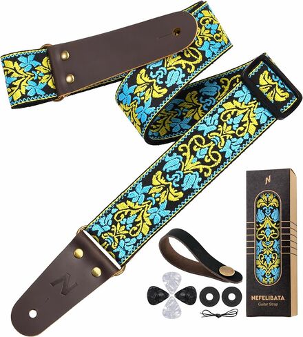 Nefelibata Guitar Strap 2" Embroidery Full Grain Leather Ends Guitar Straps with Hidden Pocket, for Bass, Electric and Acoustic Guitars, with Strap Button, Locks and Picks in Kuwait