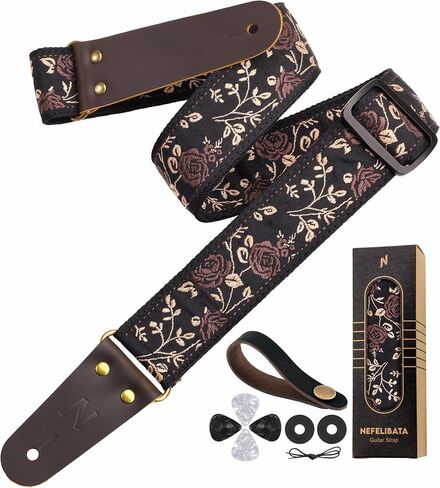 Nefelibata Guitar Strap 2" Embroidery Full Grain Leather Ends Guitar Straps with Hidden Pocket, for Bass, Electric and Acoustic Guitars, with Strap Button, Locks and Picks in Kuwait