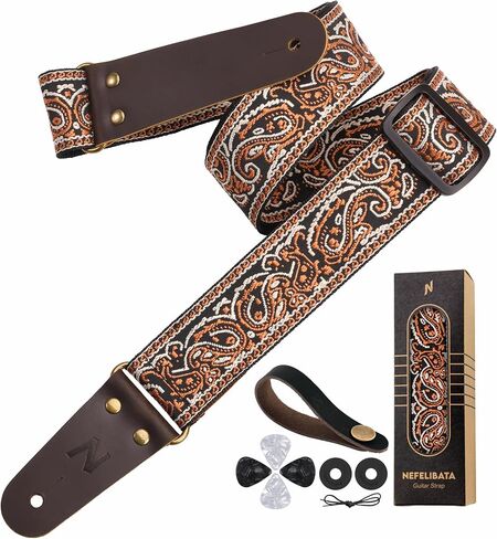 Nefelibata Guitar Strap 2" Embroidery Full Grain Leather Ends Guitar Straps with Hidden Pocket, for Bass, Electric and Acoustic Guitars, with Strap Button, Locks and Picks in Kuwait