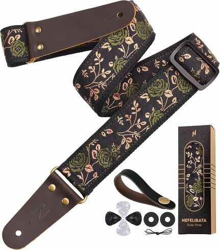Nefelibata Guitar Strap 2" Embroidery Full Grain Leather Ends Guitar Straps with Hidden Pocket, for Bass, Electric and Acoustic Guitars, with Strap Button, Locks and Picks in Kuwait