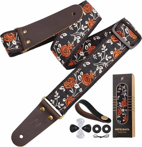 Nefelibata Guitar Strap 2" Embroidery Full Grain Leather Ends Guitar Straps with Hidden Pocket, for Bass, Electric and Acoustic Guitars, with Strap Button, Locks and Picks in Kuwait