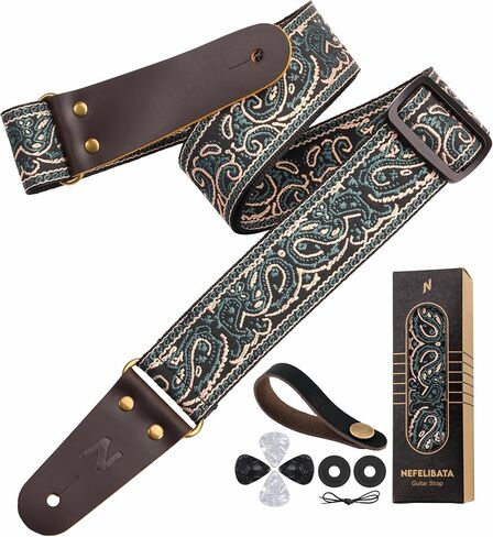Nefelibata Guitar Strap 2" Embroidery Full Grain Leather Ends Guitar Straps with Hidden Pocket, for Bass, Electric and Acoustic Guitars, with Strap Button, Locks and Picks in Kuwait