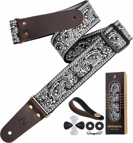 Nefelibata Guitar Strap 2" Embroidery Full Grain Leather Ends Guitar Straps with Hidden Pocket, for Bass, Electric and Acoustic Guitars, with Strap Button, Locks and Picks in Kuwait