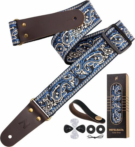 Nefelibata Guitar Strap 2" Embroidery Full Grain Leather Ends Guitar Straps with Hidden Pocket, for Bass, Electric and Acoustic Guitars, with Strap Button, Locks and Picks in Kuwait