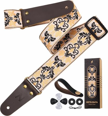 Nefelibata Guitar Strap 2" Embroidery Full Grain Leather Ends Guitar Straps with Hidden Pocket, for Bass, Electric and Acoustic Guitars, with Strap Button, Locks and Picks in Kuwait