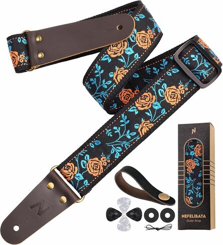 Nefelibata Guitar Strap 2" Embroidery Full Grain Leather Ends Guitar Straps with Hidden Pocket, for Bass, Electric and Acoustic Guitars, with Strap Button, Locks and Picks in Kuwait