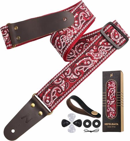 Nefelibata Guitar Strap 2" Embroidery Full Grain Leather Ends Guitar Straps with Hidden Pocket, for Bass, Electric and Acoustic Guitars, with Strap Button, Locks and Picks in Kuwait