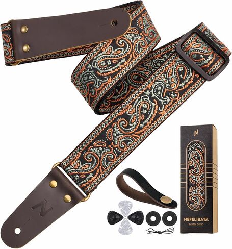 Nefelibata Guitar Strap 2" Embroidery Full Grain Leather Ends Guitar Straps with Hidden Pocket, for Bass, Electric and Acoustic Guitars, with Strap Button, Locks and Picks in Kuwait