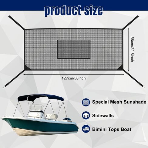 Detachable Mesh Sidewalls for 3 Bow Bimini Tops, Boat Sun Shade with Large Pockets, Includes 2 Straps(Bimini Tops Not Included) in Kuwait