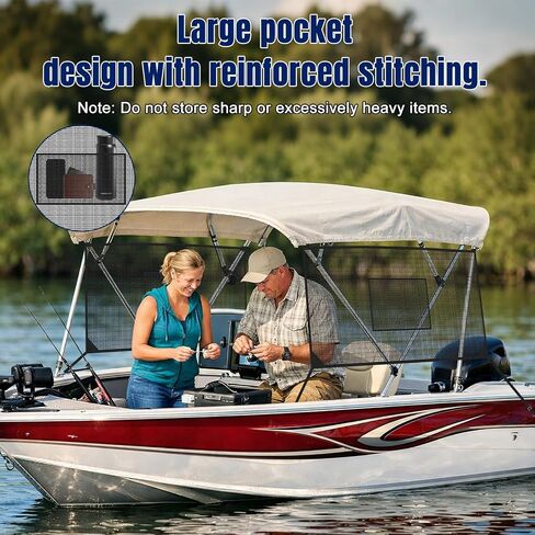 Detachable Mesh Sidewalls for 3 Bow Bimini Tops, Boat Sun Shade with Large Pockets, Includes 2 Straps(Bimini Tops Not Included) in Kuwait
