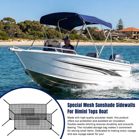 Detachable Mesh Sidewalls for 3 Bow Bimini Tops, Boat Sun Shade with Large Pockets, Includes 2 Straps(Bimini Tops Not Included) in Kuwait