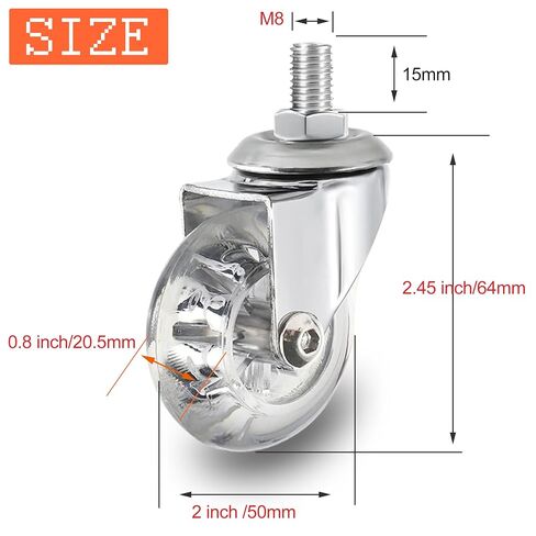 2 inch Stem Caster Wheels, M8×15mm Threaded Stem Castors Wheel, 360 Degree Rotated Crystal Clear Wheel,Soft Polyurethane Furniture Wheels for Carts and DIY Projects in Kuwait