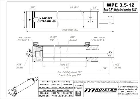 Magister Hydraulic Cylinder 3.5" Bore x 12" Stroke, Welded Hydraulic Ram with Pin Eye Mount, Double Acting Hydraulic Piston 3500 PSI (WPE 3.5x12) in Kuwait