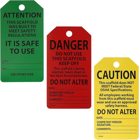 25-Pack Waterproof Scaffolding Inspection Tags,Danger/Caution/Attention,3-Way Design (Red, Yellow, Green) Tri Fold Program Card Safety Tags, Signs, and Scaffold Status Labels in Kuwait
