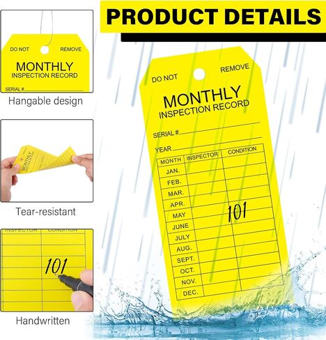 Sabary 200 Pack Fire Extinguisher Tags Monthly Inspection PVC-Plastic Maintenance Record Tags with Wires Yellow Labels for Fire Safety Inspections Ladder Indoor Outdoor Use 3.14" x 6.7" in Kuwait