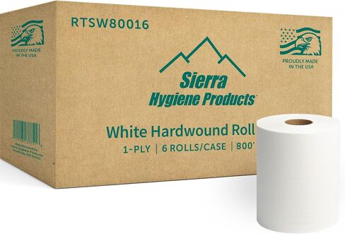 Sierra Hygiene 1-Ply White Roll Towels, 8" x 800’, Hardwound Universal Paper Towel Rolls for Commercial Restrooms, Restaurants, Schools & Offices, Case of 6 Rolls, Made in USA in Kuwait