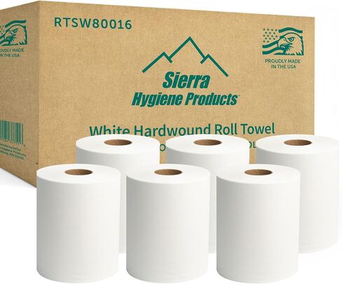 Sierra Hygiene 1-Ply White Roll Towels, 8" x 800’, Hardwound Universal Paper Towel Rolls for Commercial Restrooms, Restaurants, Schools & Offices, Case of 6 Rolls, Made in USA in Kuwait