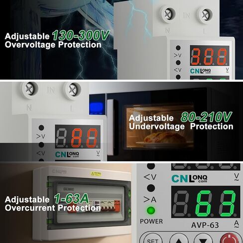 CNLONQ Adjustable Voltage Current Protector 110V/120V & 220V/240V, Low Voltage Cutoff Smart Circuit Breaker AC Disconnect, 80-210V Undervoltage, 130-300V Overvoltage, 1-63A Overload Protection in Kuwait