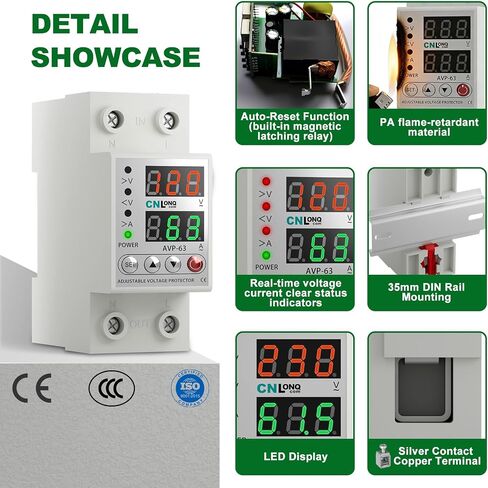 CNLONQ Adjustable Voltage Current Protector 110V/120V & 220V/240V, Low Voltage Cutoff Smart Circuit Breaker AC Disconnect, 80-210V Undervoltage, 130-300V Overvoltage, 1-63A Overload Protection in Kuwait