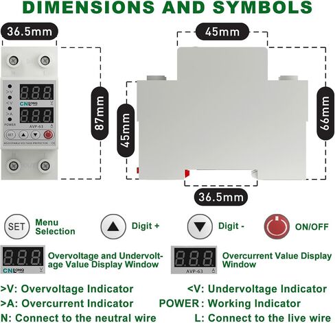 CNLONQ Adjustable Voltage Current Protector 110V/120V & 220V/240V, Low Voltage Cutoff Smart Circuit Breaker AC Disconnect, 80-210V Undervoltage, 130-300V Overvoltage, 1-63A Overload Protection in Kuwait