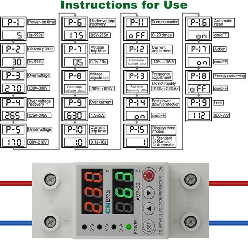 CNLONQ Adjustable Voltage Current Protector 110V/120V & 220V/240V, Low Voltage Cutoff Smart Circuit Breaker AC Disconnect, 80-210V Undervoltage, 130-300V Overvoltage, 1-63A Overload Protection in Kuwait