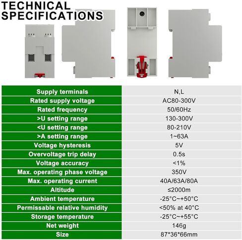CNLONQ Adjustable Voltage Current Protector 110V/120V & 220V/240V, Low Voltage Cutoff Smart Circuit Breaker AC Disconnect, 80-210V Undervoltage, 130-300V Overvoltage, 1-63A Overload Protection in Kuwait
