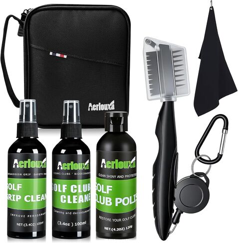 6-in-1 Golf Club Cleaning Kit - Club Cleaner, Grip Cleaner, Polish, Water-Spray Brush,Professional Golf Towel & Portable Bag | Restores Clubs, Removes Rust/Scratches, Renews Tackiness in Kuwait