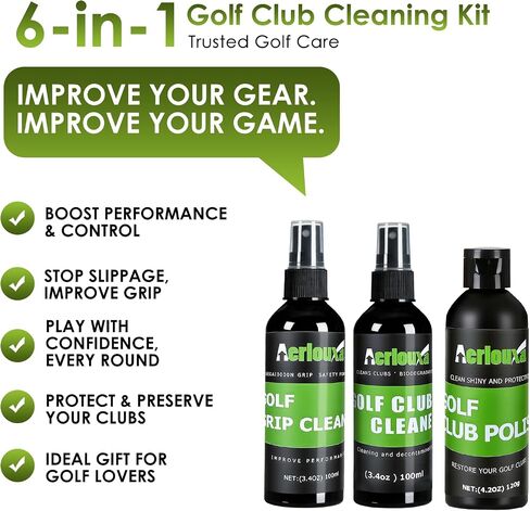 6-in-1 Golf Club Cleaning Kit - Club Cleaner, Grip Cleaner, Polish, Water-Spray Brush,Professional Golf Towel & Portable Bag | Restores Clubs, Removes Rust/Scratches, Renews Tackiness in Kuwait