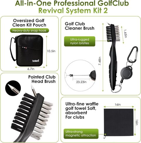 6-in-1 Golf Club Cleaning Kit - Club Cleaner, Grip Cleaner, Polish, Water-Spray Brush,Professional Golf Towel & Portable Bag | Restores Clubs, Removes Rust/Scratches, Renews Tackiness in Kuwait