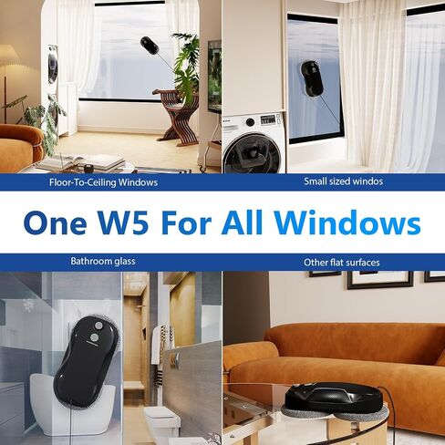 Tosima W5 Window Cleaning Robot, Dual Direction Auto-Spray Smart Window Cleaner with Triple Safety System, Smart Navigation, Remote Control, for All Smooth Surfaces, with 8 Rags, Black Robotic Vacuums in Kuwait
