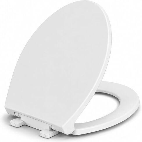 Elongated Toilet Seat, Slow Close, White Plastic, Never Loosen, 18.5" | Easy Installation, Easy Cleaning, Non-Slip Bumpers, Quiet Operation, Fits Most Elongated Toilets in Kuwait