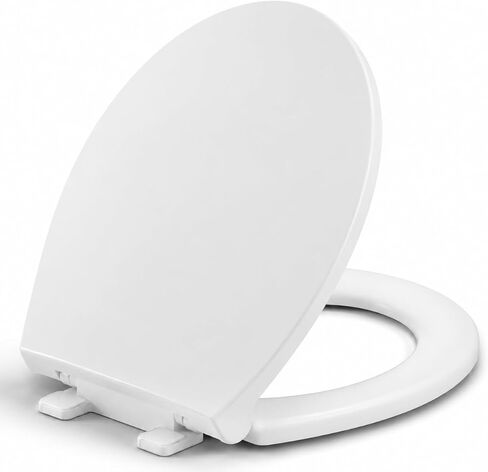 Elongated Toilet Seat, Slow Close, White Plastic, Never Loosen, 18.5" | Easy Installation, Easy Cleaning, Non-Slip Bumpers, Quiet Operation, Fits Most Elongated Toilets in Kuwait