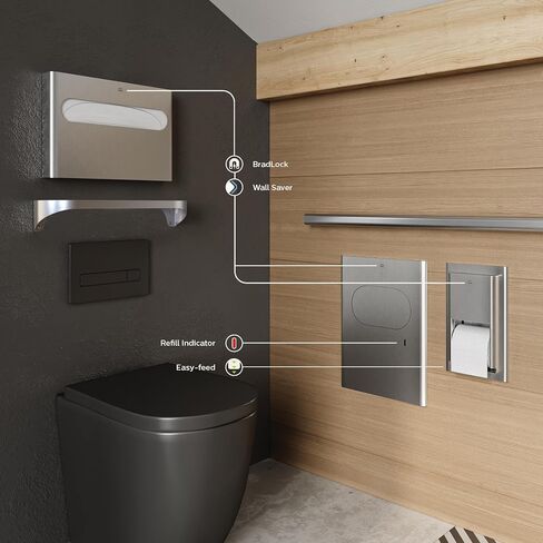 Bradley Elvari Medium Capacity Toilet Seat Cover Dispenser for Commercial Restroom, Surface-Mounted, 250 Liner Capacity, Magnetic Lock System, ADA Compliant, Stainless Steel, Satin Finish, 5B1-110000 in Kuwait
