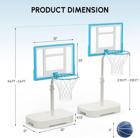 PEXMOR 2.95FT - 3.94FT Adjustable Height Basketball Hoop for Poolside, Shatterproof PC Backboard & Impact Resistant Filling Base, Upgraded Knobs Adjust Height Easily, for Pool Outdoor Teens Adults in Kuwait