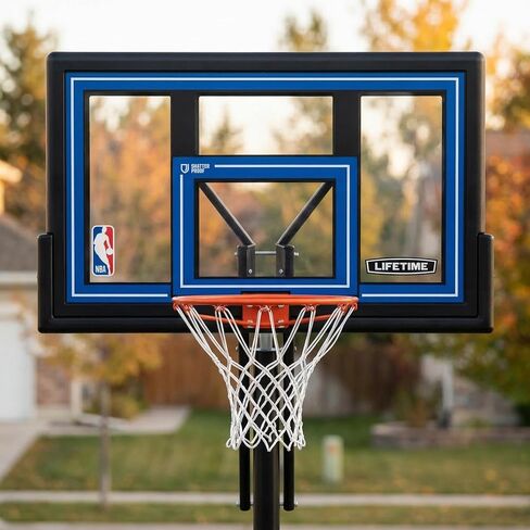 Lifetime NBA Portable Basketball Hoop, 50 Inch Shatterproof Fusion Backboard, Adjustable Height 8-10 Ft, Speed Shift Adjust, Base with Wheels, Slam-It Rim in Kuwait