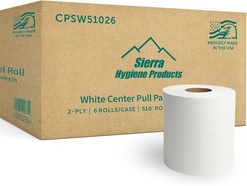 Sierra Hygiene 510’ Centerpull Paper Towels (580 Sheets - 7.5" x 10.5") 2-Ply White – 6 Rolls Commercial Center Pull Paper Towel Rolls, For Offices, Restaurants, Schools & Warehouses, Made in USA in Kuwait
