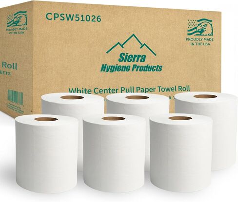 Sierra Hygiene 510’ Centerpull Paper Towels (580 Sheets - 7.5" x 10.5") 2-Ply White – 6 Rolls Commercial Center Pull Paper Towel Rolls, For Offices, Restaurants, Schools & Warehouses, Made in USA in Kuwait