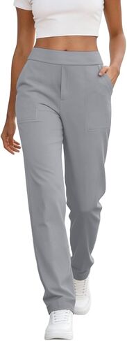 Womens High Waisted Stretchy Dress Work Pants Straight Leg Pull On Business Casual Loose Office Slacks with Pockets in Kuwait