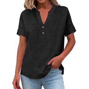 Linen Shirts for Women Short Sleeve Henley Tops V Neck Blouse Casual Summer Tee Shirts 2026 Vacation Fashion Clothes in Kuwait