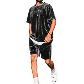 Men's street retro short sleeved shorts set, velvet short sleeved round neck shirt pullover sweatshirt in Kuwait