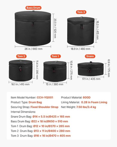 مجموعة حافظات طبول VEVOR مكونة من 5 قطع، 600D، أكياس طبلة مبطنة لـ 22 بوصة، 12/13/16 بوصة، 14 بوصة كمين، بطانة سميكة، أغطية واقية خفيفة الوزن وحقائب تخزين للسفر، لحماية ملحقات الطبول in Kuwait
