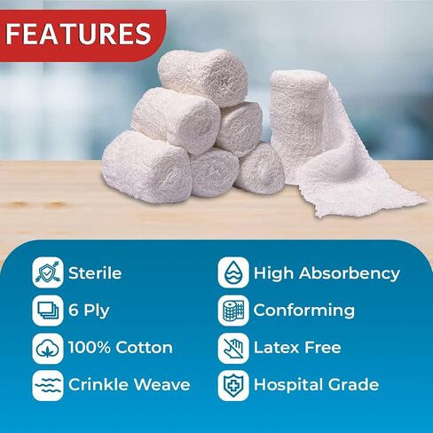 12 Sterile Cotton Gauze Rolls, -6 ply- 4 Inches X 12 feet -Extra Absorbency Medical Grade Wound Care Dressing in Kuwait