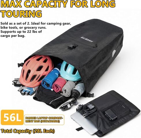 حقيبة دراجة Favoto Panniers مقاومة للماء - سعة كبيرة 56 لتر للرف الخلفي، حقائب سرج لحمل الدراجات شديدة التحمل مع أبازيم سريعة الفك للتنقل والتجول ورحلات البقالة in Kuwait