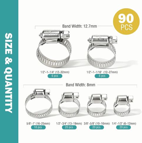 90 Pack 6 Sizes Hose Clamps Assortment, 304 Stainless Steel Hose Clamps Kit 1/4"- 1-1/4"(6-32mm), Worm Gear Hose Clamps Set for Plumbing, Automotive and Mechanical Applications in Saudi Arabia