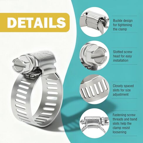 90 Pack 6 Sizes Hose Clamps Assortment, 304 Stainless Steel Hose Clamps Kit 1/4"- 1-1/4"(6-32mm), Worm Gear Hose Clamps Set for Plumbing, Automotive and Mechanical Applications in Saudi Arabia