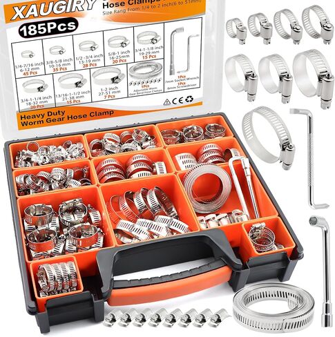 185Pcs Hose Clamps 304 Stainless Steel Assortment Kit,Adjustable 1/4"-2"(6-51mm) Worm Gear Hose Clamp For Fuel Line,Pipeline,Automotive,Radiator Plumbing,Industry,Garden in Kuwait