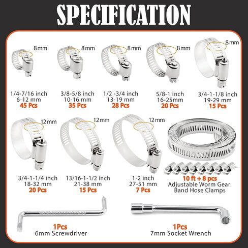 185Pcs Hose Clamps 304 Stainless Steel Assortment Kit,Adjustable 1/4"-2"(6-51mm) Worm Gear Hose Clamp For Fuel Line,Pipeline,Automotive,Radiator Plumbing,Industry,Garden in Kuwait